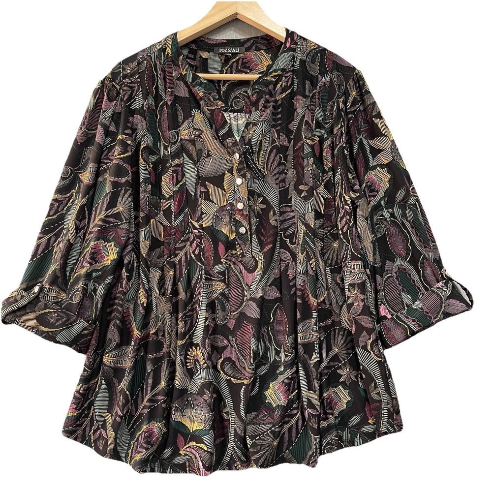 Roz & Ali Women Blouse 3X Multicolor Paisley Henley 3/4 Sleeve Boho Office Flowy